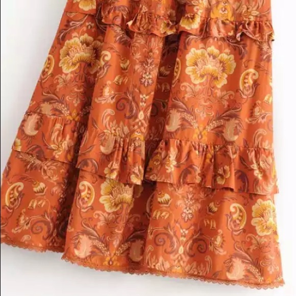 SOLD OUT Rust Floral Bohemian Gypsy Ruffle Tier Maxi Skirt - Picture 5 of 7